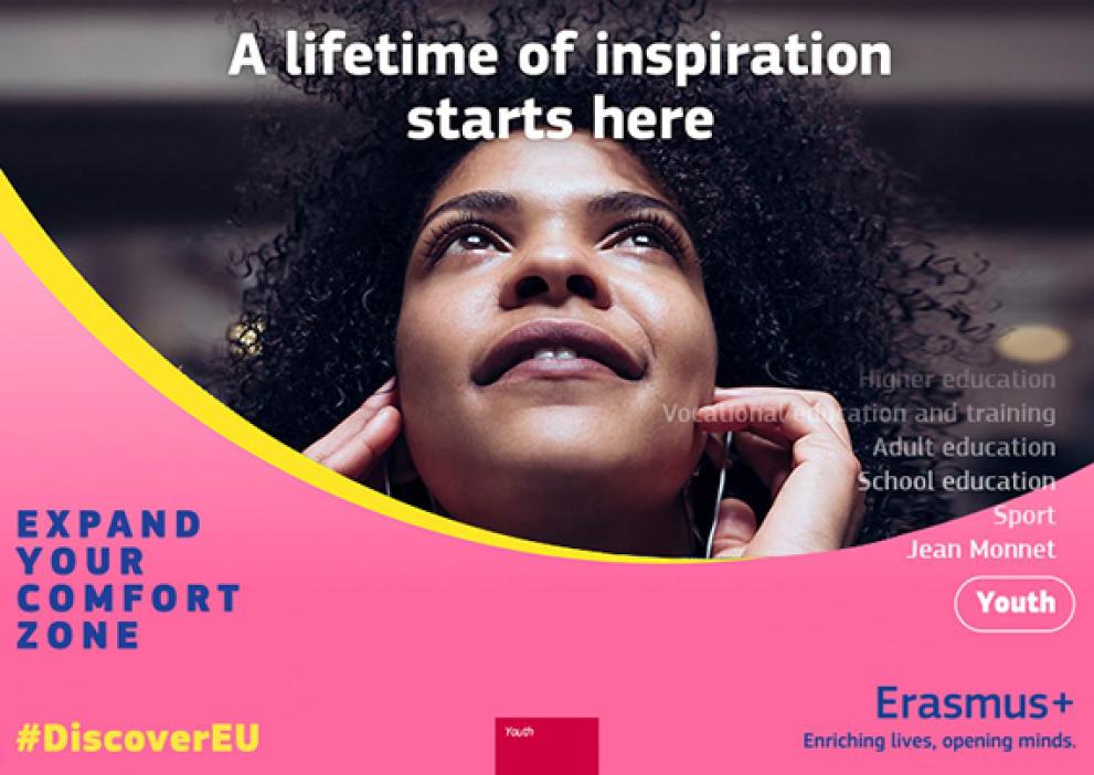 In the image, there is a pink background and a yellow curved line. A woman is depicted and she is listening to music via earphones.