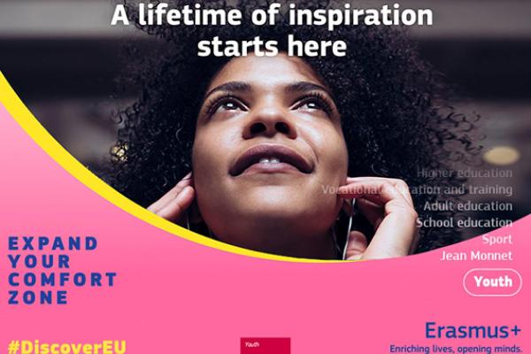 In the image, there is a pink background and a yellow curved line. A woman is depicted and she is listening to music via earphones.